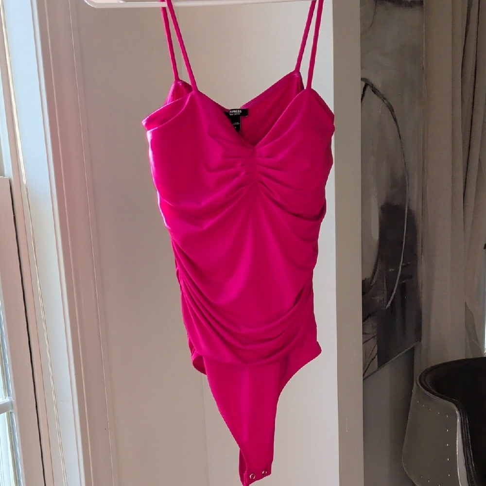 Express Ruched Hot Pink Spaghetti-Strap Bodysuit